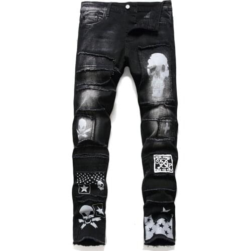 MenS Pants Streetwear Fashion Trousers Jeans Skull Black Denim Biker High Quality Male Casual Designer Ripped Comfortable
