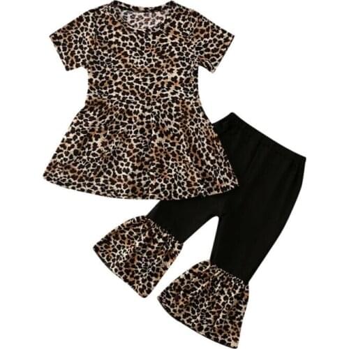 Toddlers Baby Girl Cotton Clothes Sets Short Sleeve Leopard Dress Tops Wide Leg Pants Outfit 0-3Y