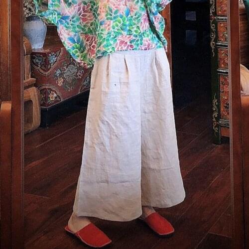 Johnature 2021 Autumn New Linen Elastic Mid Waist Loose Vintage Ankle-Length Pants Linen Color Casual Women Wide Leg Pants