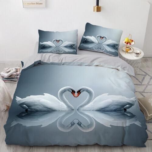 3D Design Animal White Swan Comforter Shall Pillow Case Duvet Quilt Cover Sets Gray Bedding Set King Full Size Home Textile