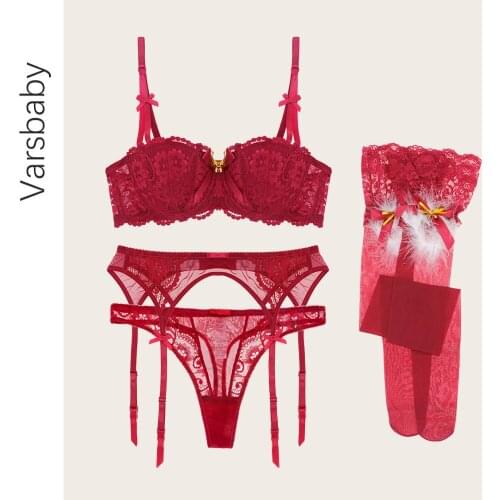 Varsbaby Christmas Lingerie Set Sexy Womens Lace Half Cup Bra+Garter+See Though Thong+Velvet Stockings 4piece Red White