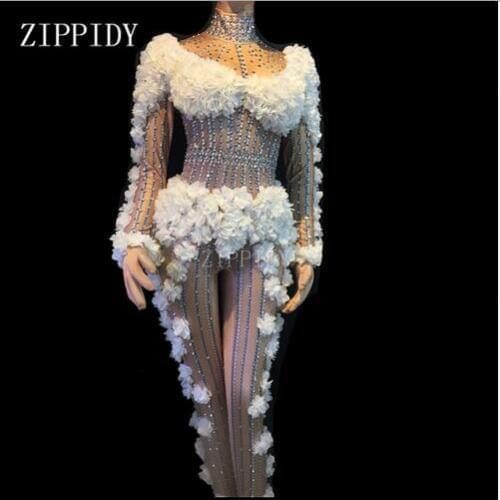 Bodysuit Costume Stage Dance Outfit Performance Rompers White Flowers Spandex Big Stretch Rhinestones Jumpsuit Womens Sexy