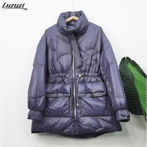 Luzuzi Winter Lightweight Down Jacket Women Thick Warm Batwing Long Sleeve Loose Doudoune Pocket Ultra Light Duck Down Coat