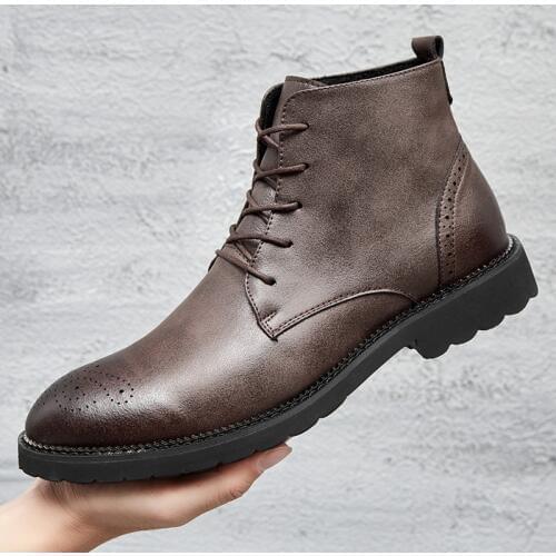 Yomior Spring New Vintage Men Shoes Genuine Leather British Casual Breathable Dress Ankle Men Boots Brogue Winter Warm Boots