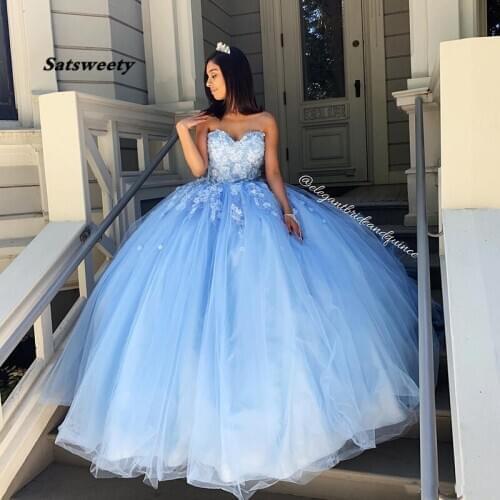 Sky Blue Foral Lace Quinceanera Dresses Sweetheart Beaded Lace Up Evening Party Sweet 16 Dress Ball Gown Prom Dress