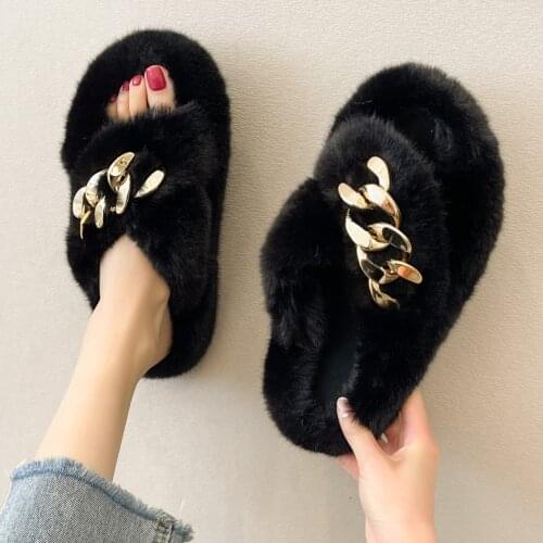 2021 New Faux Fur Slippers Cozy Furry Slides Fluffy Home Slippers Women Open Toe Slip-On Soft Slippers Floor Plush Warm Shoes