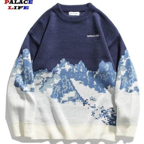2021 Men Hip Hop Streetwear Knitted Sweater Embroidery Retro Vintage Snow Sweater Cotton Harajuku Casual Pullover Sweater Black