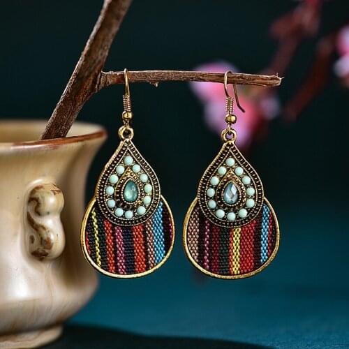 Vintage Ethnic Style Gourd Shaped Earrings Jewelry Antique Gold Color Woven Rhinestone Geometric Dangle Earrings for Women Girls