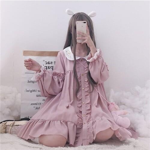 Summer Dress Women Harajuku Pink Ladies Ruffle Lace Patch Kawaii Dresses Lolita Cosplay Sweet Loose Vestidos Vintage Dress