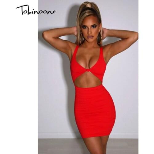Tobinoone Solid Cut Out V Neck Bodycon Dress Women Spaghetti Strap Backless Sexy Mini Dresses Summer Party Nightclub Vestidos