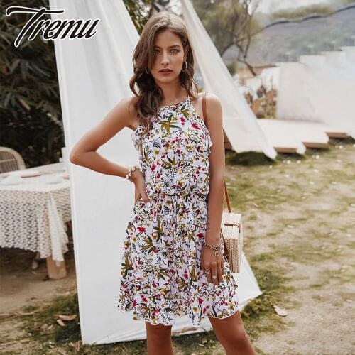 TREMU O-Neck Floral Dress Cami Women Summer Ruffled Spaghetti Strap Mini Print Dresses