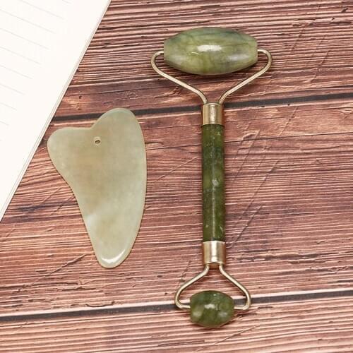 1 Set Natural Jade Stone Guasha Facial Face Thin Roller+Body Guasha Board Massager Stone Tool Health Care Relaxation for Women