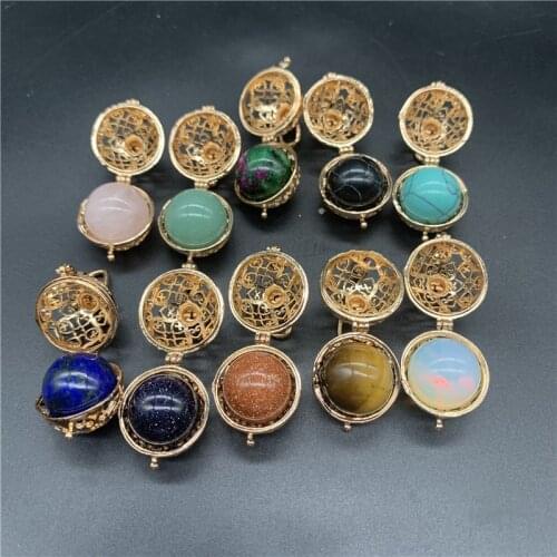 12PCS 16mm Balls Natural Stone Pendants Linglong Ball Metal Sachet Power Healing Chakra Energy Necklace Pendant Pendulum