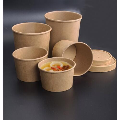 50pcs Thicken round kraft paper takeaway packaging cup 8oz 12oz 16oz disposable lunch box soup porridge paper cup with lid