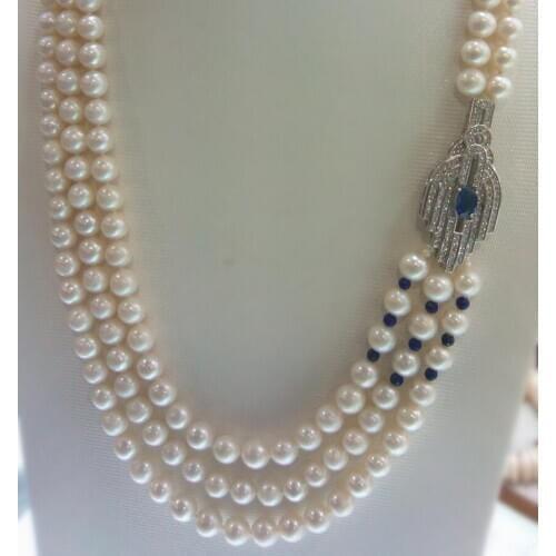 Free shipping wholesale high quality 3rows natural AA 9-10mm white freshwater pearl with nice and fashionable clap necklace