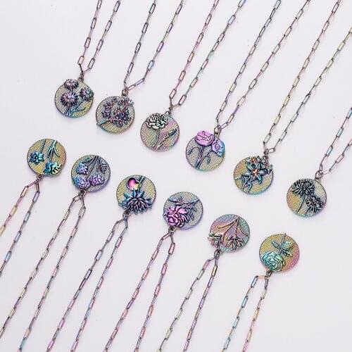 Birth Month Colorful Paperclip Chain Coin Flower Pattern Pendant Necklace for Mom Carnation Lotus Rose Necklace Mother Jewelry