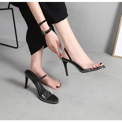 Black String Bead Heels Sexy 8cm Pointed Toe Stiletto Pumps Summer Casual Clear High Heels Women Classic New Party Dress Shoes