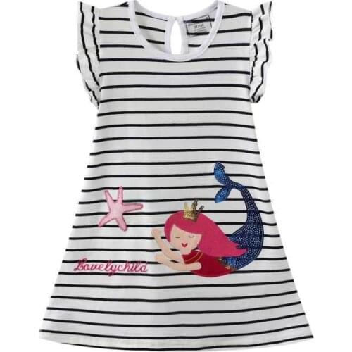 Jumping Meters Princess Girls Fly Sleeve Dresses Cotton Stripe Baby Clothes Beading Embroidery Childrens Frocks Toddler Costume