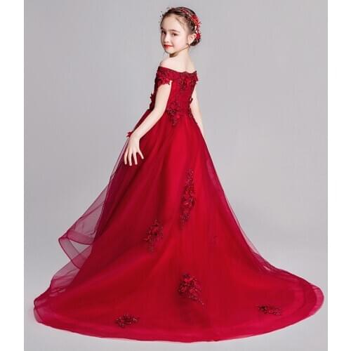 Red Girl Lace Embroidery Christmas Birthday Party Dress Long Trailing Flower Girl Wedding Gown Formal Kids Baptism Dresses