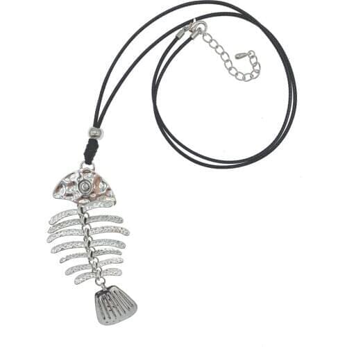 Hammered Fish Bone Silver Plated Pendant Long Necklace With Black Wax Cords Antique Vintage Style For Women Girls 30 Inch