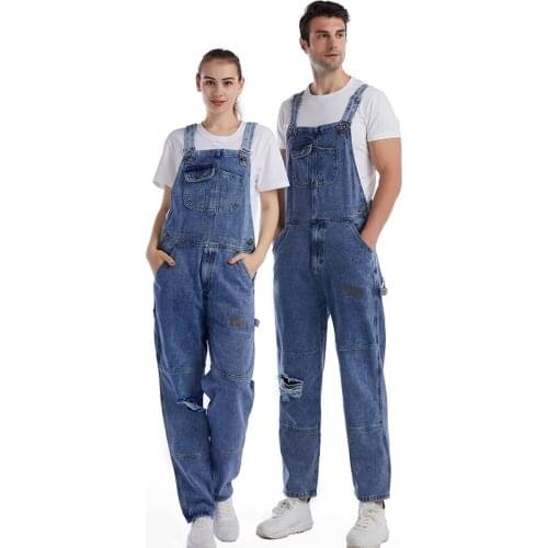 Denim overalls mens loose straight leg large size tide brand suspenders men and women the same spring and autumn hip-hop jumpsu