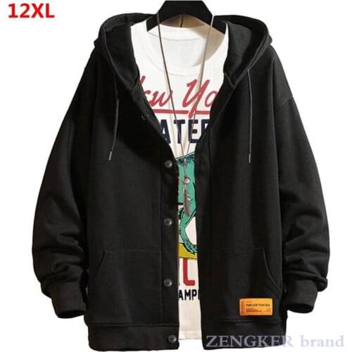 Autumn winter plus thin velvet pure black cardigan black hooded man jacket plus size casual slimming large size 9XL 12XL 11XL