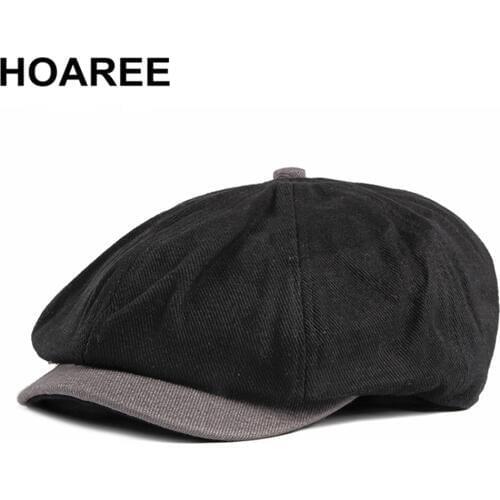 HOAREE Newsboy Cap For Men British Style Male Cotton Black Patchwork Beret Hat Spring Summer Male Octagonal Cap