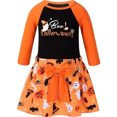 Cute New Orange Infant Baby Girls Halloween Costume Outfits Long Sleeve Top Ghost Print Pattern Skirt Halloween Cosplay Set 2020