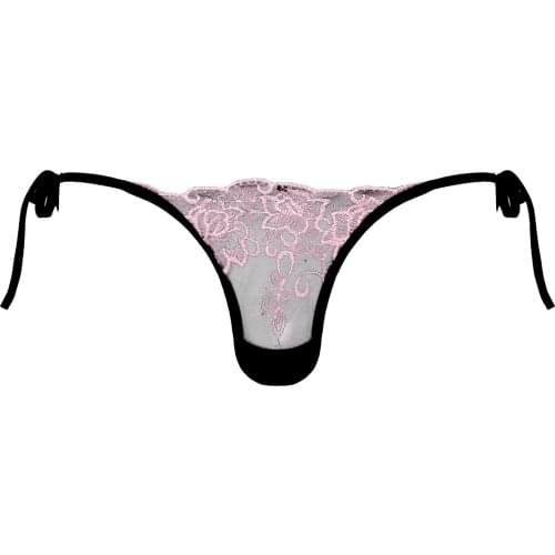 Mens See-through Mesh Underwear Sissy Panties Flower Embroidered G-string T-back Thong Adjustable Lace-up Low Waist Micro Briefs