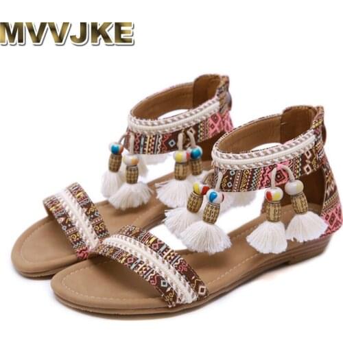 MVVJKE2019 Women Summer Sandals Ethnic Fringe String Bead Ladies Flat Sandalies Fashion Vintage Comfortable Shoes Female
