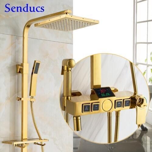 Bathroom Shower Set Senducs Copper Brass Bathtub Faucet Luxury Gold Thermostatic Shower System Rainfall Digital Shower Mixer Set