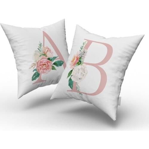26 English Letter Throw Pillow Case Pink Flower Pattern Cushion Covers for Home Sofa Chair Decorative Pillowcases