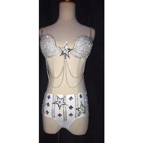 New Sexy Sparkly Crystals Bikini Outfit Bra Short Rhinestones Design Party Two Pieces Set Dj Female Singer Nightclub Costume