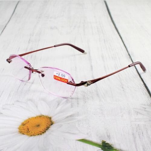 Rhinestone Reading Glasses for Women Purplish Lens Gafas de Lectura Luxury Rimless Spectacle +100 +150 +200 +250 +300 +350 +400