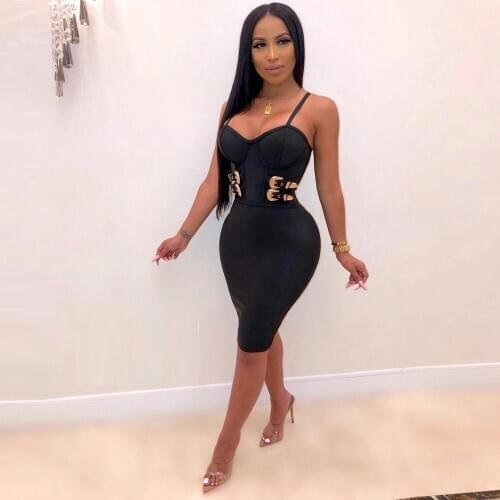 Latest Fashion Hot Selling Spaghetti Strap Black Sexy Sheath Bodycon Party Women Dress Clubbing Outfit With Metal Belt Wholesale
