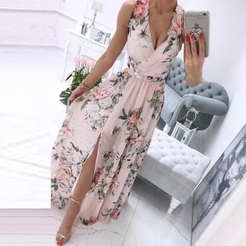 Women Sexy Deep V-neck Split Party Dress Elegant Sleeveless Maxi Beach Dress 2021 Summer Floral Print Chiffon Long Dress Vestido