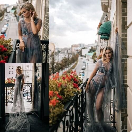 Sexy Tulle Robe Custom Made Simple Short Sleeve Floor Length Gown For Photoshoot Elegant High Quality Prom Party Nightgowns