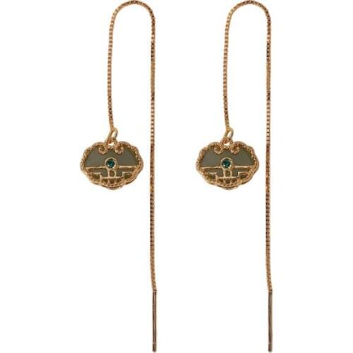 925 sterling silver gold plated Hetian gray jade hanging earrings retro national trend Ruyi Lady temperament eardrop earring