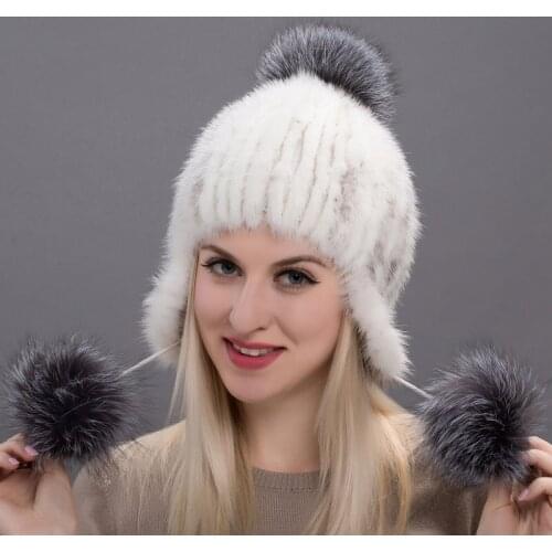 Womens Bomber Hat Leather Mink Fur Cap Winter Knitted Mink Fur Cap Silver Fox Fur Ball Poms New Warm Female Hat DHY 17-13