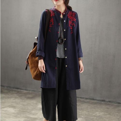 Traditional Chinese Shirt Women Clothes 2019 Autumn Long Trench Coat Embroidery Harajuku Vintage Shit Ladies Chinese Tops TA1641