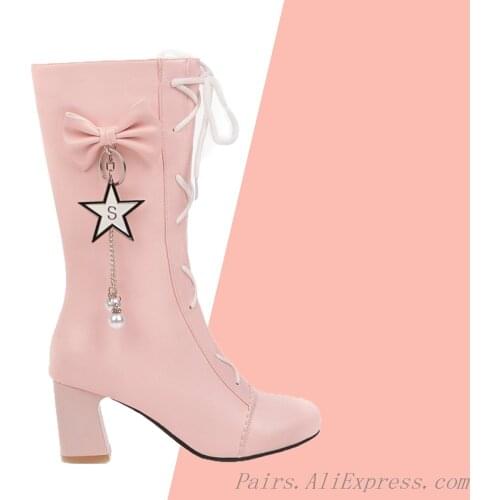 Autumn Winter Fashion Popular Sexy Zipper Pu Bow Young Woman Root High Heels Womens Shoes Warm Womens Boots Big Size 34-44