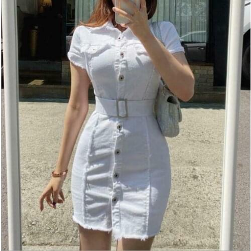 Womens Summer Sexy Denim Frayed Slim Fit Belt Shirt Collar Bodycon Short Dresses