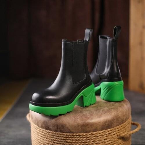 Womens Chelsea High Boots Chunky Boots Women Winter Shoes PU Leather Ankle Boots Black Female Autumn Fashion Platform Booties