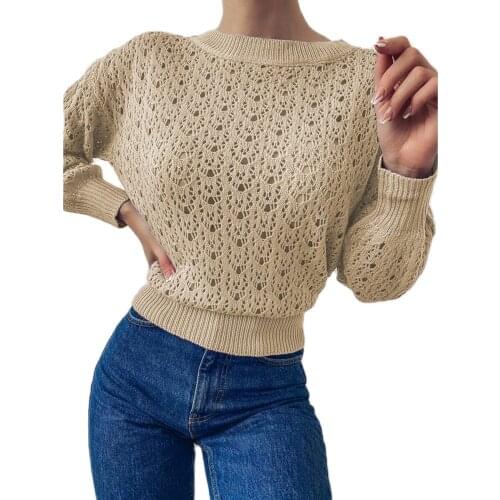 Ladies Autumn Hollow Out Pull Knitted Sweater Causal O Neck Jumper Tops Fashion Solid See Through Women Pullovers Short Knitwear