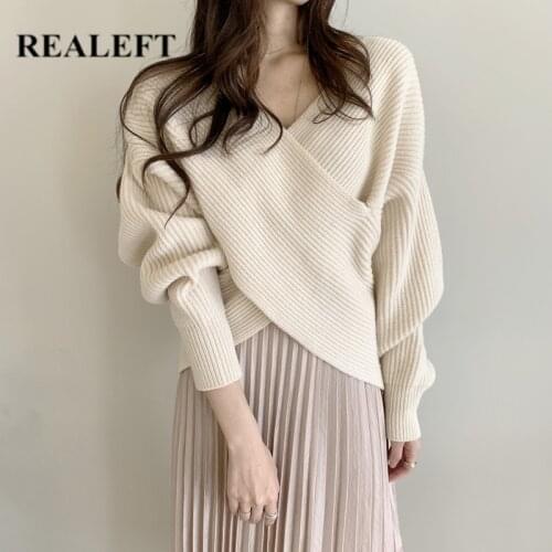 REALEFT 2021 New Autumn Winter Front Cross Womens Sweater V-Neck Long Sleeve Casual Loose Knitting Pullovers Knitwear Chic Tops