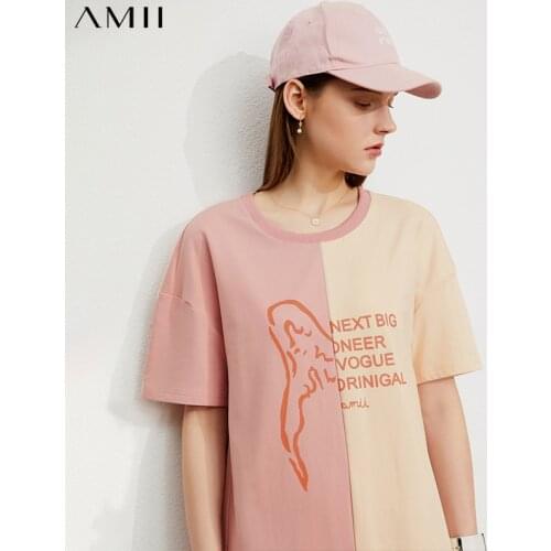 Amii Minimalism Summer New Fashion Dress For Women Streetwear Cotton Oneck Patchwork Letter Loose Womens Dress 12140665