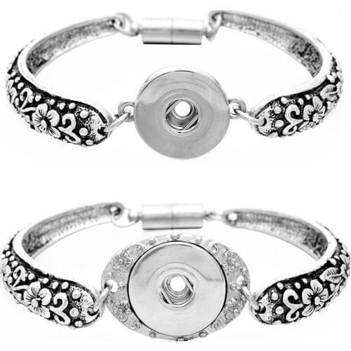 1PC Vintage Snap Button Bangles&Bracelet Fit 18mm 20mm Snap Button Carve Flower Magnetic Bar Clasp Interchangeable Snap Jewelry