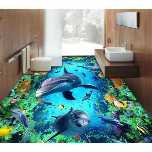 3d floor painting wallpaper Underwater World 3D Dolphin Flooring 3d bathroom wallpaper waterproof 3d flooring