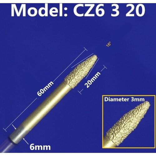 Model CZ6-3-20,1PCS,CNC Diamond stone engraving bit for marble,bluestone and sandstone,Taper ball nose bottom relief cone cutter