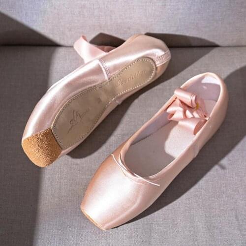 Satin Ballet Dance Shoes Split Leather Sole Pink Ballet Slippers Flats with Ribbon Gymnastics Shoes for Girls Women